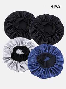 4pcs Women's Solid Color Elastic Wide Brim Satin Sleep Caps, Beauty Care Hair Protection Caps Suitable For Daily Use - TJM-301-black*2 + TJM-301O-navy/Silver - View 3