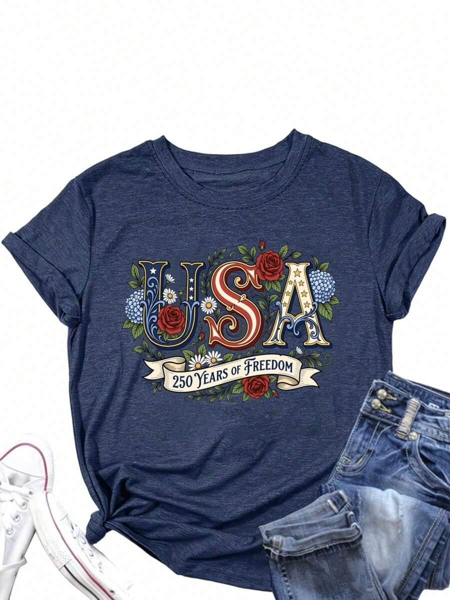 Women's Vintage USA 250 Years Of Freedom Floral Print Short Sleeve Round Neck T-Shirt Casual Cotton Tee Top - 藏藍色2 - 查看 1