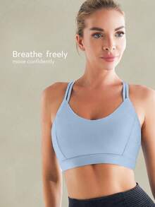 Tender Angel Women's Medium-High Support Sports Bra, Camisole Style, Beautiful Back, Removable Padding, Minimalist Yoga Tank Top, Running Fitness Bra, Backless Design - Sky Blue - View 2