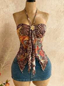 Top corto transparente de verano con cuello halter y accesorio metálico. - verde esmeralda - Ver 12