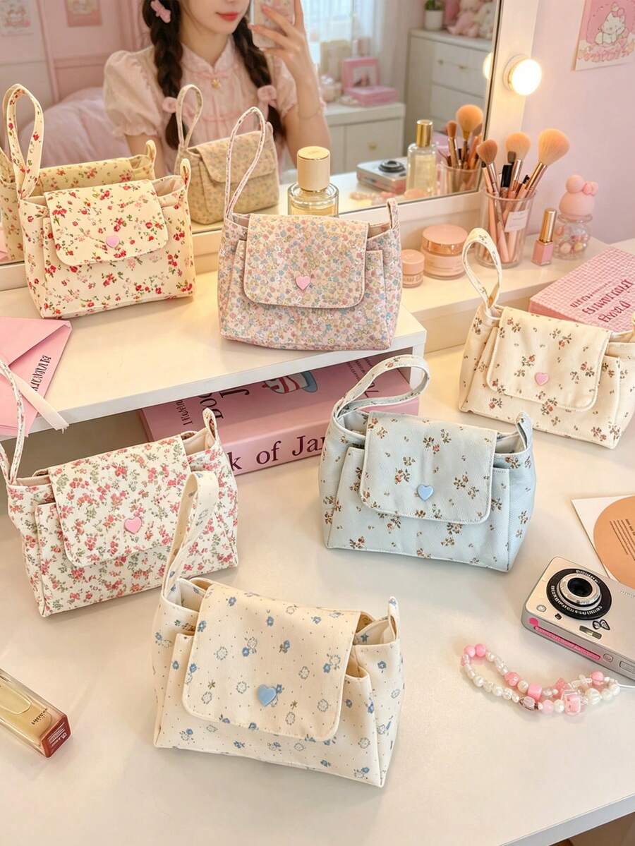 1 buah Tas Kosmetik Tiga Lapis, Tas Tangan Kosmetik Portabel, Kantong Penyimpanan Kamera Kapasitas Besar, Kantong Clutch Motif Bunga Kecil, Tas Rias Perjalanan dengan Pegangan - MultiWarna - View 1