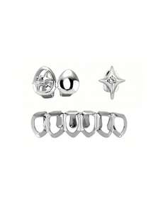 3pcs/1 Set Hollow Heart Zirconia Grillz Stone Tooth Jewelry Set,14K Gold Tooth Grill, Unisex Personalized Daily Accessories - Multicolor - View 7