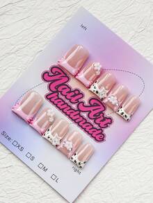 10Pcs Handmade Duck Mouth Y2K Press-On Nails With French TipsNude & Pink Color With French Tips, Floral, Leopard, Daisy, Zebra Patterns, Shiny Finish, Suitable For Party, Great Gift For Women & Girls - Multicolor - View 3