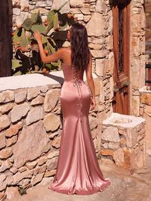 ADYCE Elegant Sequined Patchwork Sweetheart Neckline Strapless Pleated Handmade Diamond Studded Floor-Length Party Dress For Promvening Date Wedding Pink - Pink - View 2