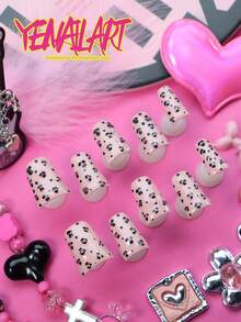 10Pcs Y2K Cute Duck Shaped Full Cover Press On Nails,Solid Pink Tone,Leopard Prints & Sparkly Glitter Punk Style Artificial Nail Set,Nice Holiday Gift For Girls&Women To Wear At Daily,Parties And Festive Events Nail Supplies - Pink - View 5