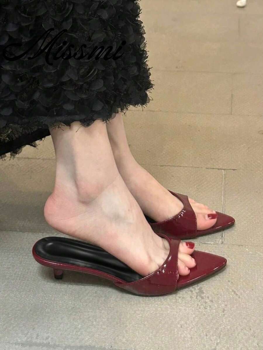 2026 New Pointed Toe Stiletto Heel Sandals, Summer Wear With Dresses, French Niche Black Roman Shoes For Women,Kitten Heels - Burgundy - View 1