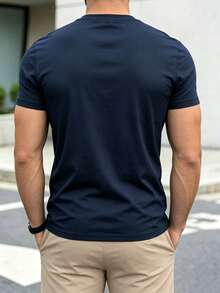 Men's Summer Letter Print Crew Neck Dropped Shoulder Loose Casual T-Shirt - Navy Blue - View 2