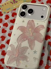 韓式INS風粉色羽毛百合花手機殼，適用於Apple 17 Pro Max 17 Pro 16 Pro Max 16 Pro 15 Pro Max 15 Pro 18 Pro Max 18，防震保護殼，女款小眾設計 - 白色 - 查看 3