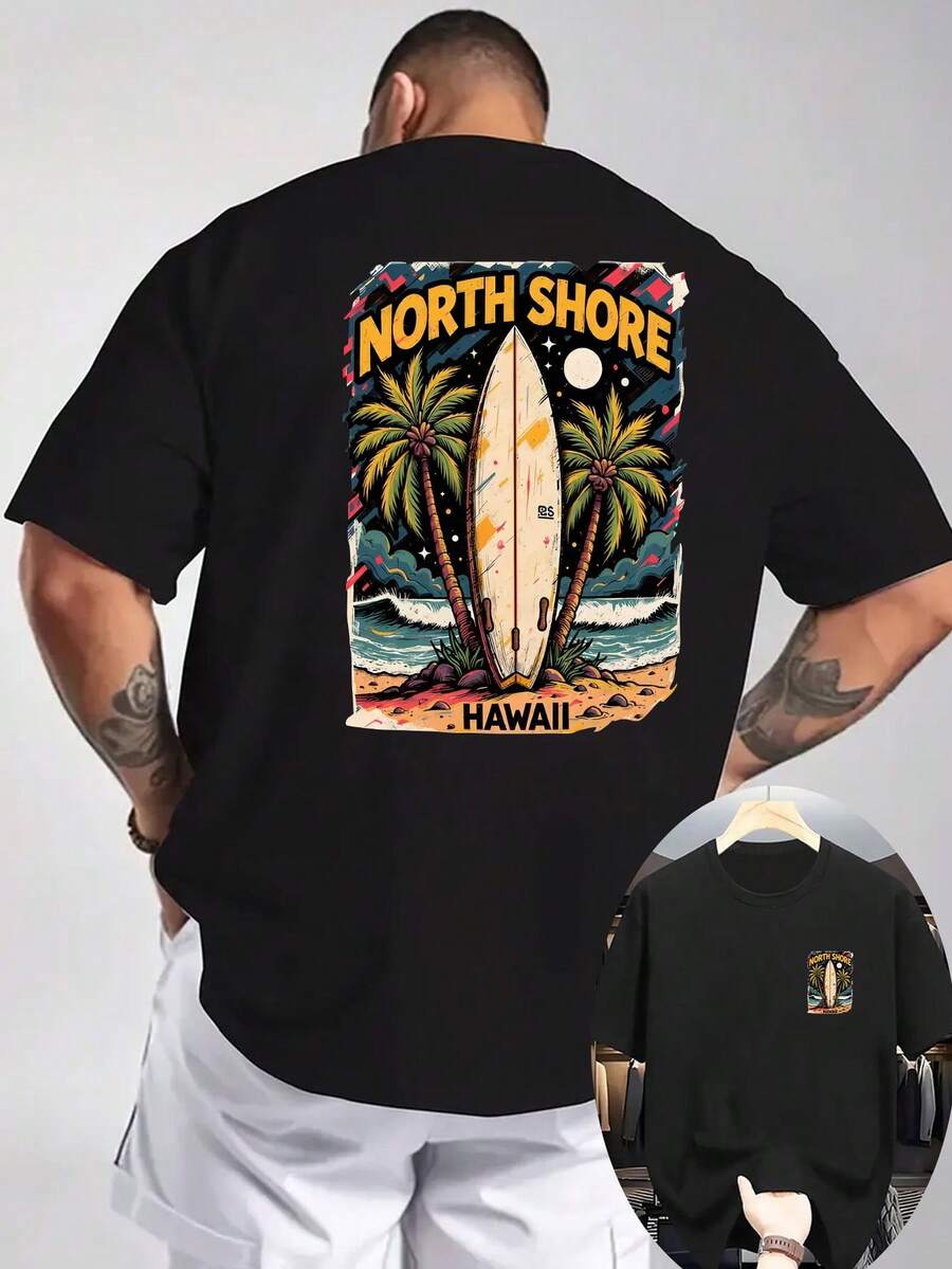 Men's Hawaiian Surfboard Print T-Shirt - Double-Sided Short-Sleeve Hawaiian Tee, Breathable Fabric Suitable For Outdoor Activities, Beachwear, And Casual Wear - 黑色 - 查看 1