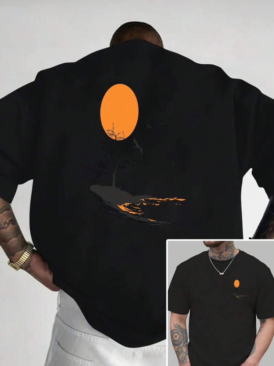 Atardecer de otoño, hojas cayendo al suelo, estampado de doble cara, nueva camiseta de cuello redondo para hombre, estilo casual deportivo, moda moderna, corte holgado, camiseta de manga cor - Negro - Ver 1