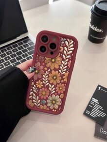 Fashionable Floral Print Anti-Drop Phone Case, Compatible With 11/12/13/14/15 Pro Max - 酒紅色 - 查看 3