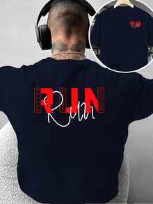 Men's Fashion T-Shirt With Creative Double-Sided Print Design, Urban Style RUN Text Print T-Shirt, Simple And Unique, Versatile Style, Suitable For Casual Wear - Black - View 10