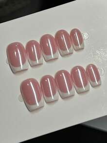 10入手工可重複使用全覆蓋穿戴式假指甲 - 珍珠光澤優雅短方鴨嘴短至中長法式直角尖端粉白亮面指甲，適合女性通勤與休閒穿著，極簡優雅設計，經典法式可愛優雅貼片，專業美甲，高品質可愛經典法式美甲貼片適合女性與女孩日常與派對穿著全覆蓋長假指甲，女性與女孩的絕佳禮物 - 彩色 - 查看 4