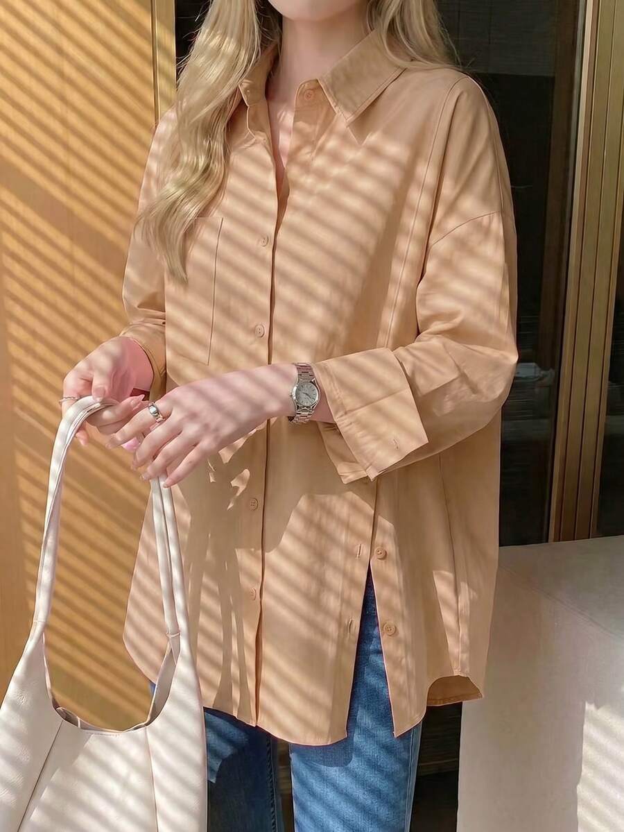 女款秋季時尚長袖鈕扣襯衫,附領子、落肩設計、口袋細節 - 卡其色 - 查看 1