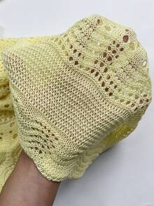 女款鉤編蕾絲鏤空針織性感透視無袖綁帶波希米亞風海灘度假迷你洋裝，黃色，夏季 - 淡黃色 - 查看 12