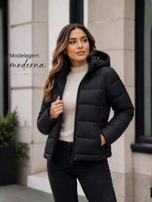 Jaqueta Puffer Feminina Casual Inverno Grossa Confortável Com Touca Integrada - Preto - Visão 3