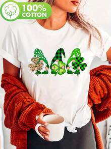 Camiseta estampada TrendyGnomes para el Día de San Patricio, de manga corta y cuello redondo, estilo casual, adecuada para el verano y la primavera, ropa de uso diario para mujer. - Blanco - Ver 1