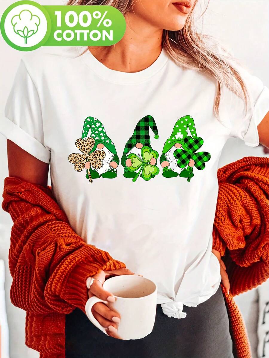 Camiseta estampada TrendyGnomes para el Día de San Patricio, de manga corta y cuello redondo, estilo casual, adecuada para el verano y la primavera, ropa de uso diario para mujer. - Blanco - Ver 1