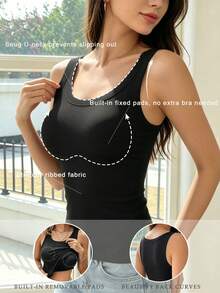 Solid Color U-Neck Ribbed Tank Top With Built-In Pads, Wide Strap Slim Fit Sleeveless Basic Top, Casual Everyday Home Inner Wear Camisole - Black - View 6