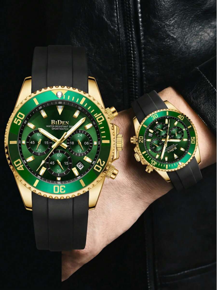 BIDEN Men's Watch Diving Bezel Chronograph Waterproof Luminous Design Rubber Strap Sports Analog Date