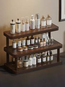 1 Estantería de madera vintage de varios niveles, soporte de exhibición creativo de 3 niveles, soporte de exhibición de perfumes y joyas, diseño único, unidad de almacenamiento para entrada o escritorio, organizador multinivel para lápiz labial, perfume y cosméticos, unidad de almacenamiento de cuidado de la piel para tocador. - Nuez - Ver 2