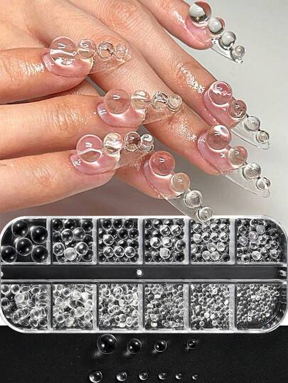 12-Grid Bubble Bead Nail Art Decor, 3D Transparent Mermaid Bead Mixed Full Round & Half Round Rhinestone Nail Charms, Summer Y2K Minimalist Charming Nail Decoration DIY Nail Salon Supplies