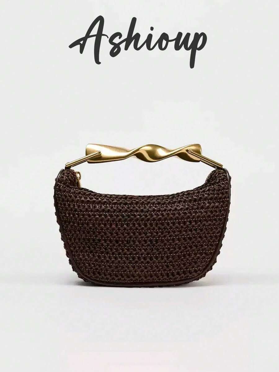 Bolso pequeño cruzado con cremallera y trenzado, con asa de metal, correa de hombro ajustable, ideal para la playa - Marrón Chocolate - Ver 1