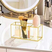 3-Compartment Makeup Brush Holder Glass And Brass Cosmetic Storage - 金色 - 查看 4