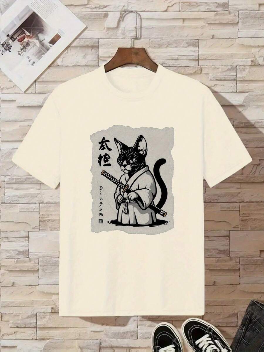 Cotton T-Shirt For Boys Cat Samurai - Grey - View 1