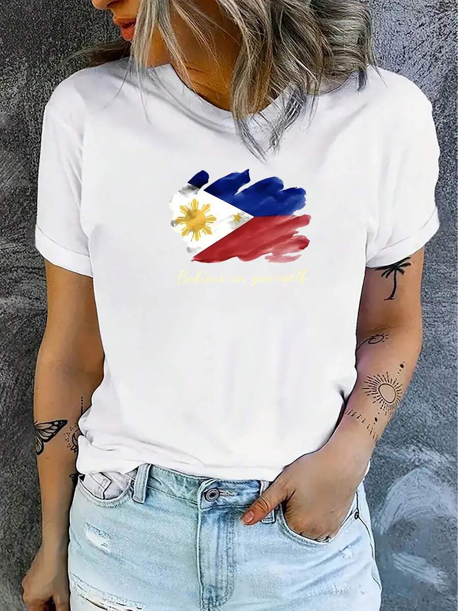 Women's T-Shirt With Philippine Flag Graphic, Round Neck And Short Sleeve, Women's Sportswear. - 白色 - 查看 1