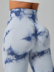 Leggings de sport pour femmes à taille haute avec contrôle du ventre, effet tie-dye, taille côtelée, gainant, élastiques et séchage rapide, pantalon de cyclisme - Bleu ciel - Voir 9