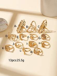 1/13pcs Exotic Hollow Carved Ring Set, Tree Of Life, Star, Flower Mixed Styles, Daily Outing Layered Wear Atmosphere Vintage Gold Hand Jewelry, Can Also Be Worn Individually. - Yellow Gold - View 18