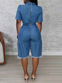 GLOURI Women Denim Jumpsuit Lapel Short Sleeve Twist Front Drawstring High Waist Fringed Cropped Wide Leg Rompers Casual Jeans Outfit - 藍色 - 查看 3