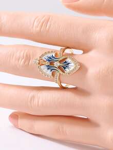 Blue Enamel Plant Leaf Design Women's Ring With Sparkling Synthetic Cubic Zirconia, Fresh Style Party & Daily Fashion Accessory, Versatile Jewelry - Multicolor - View 3