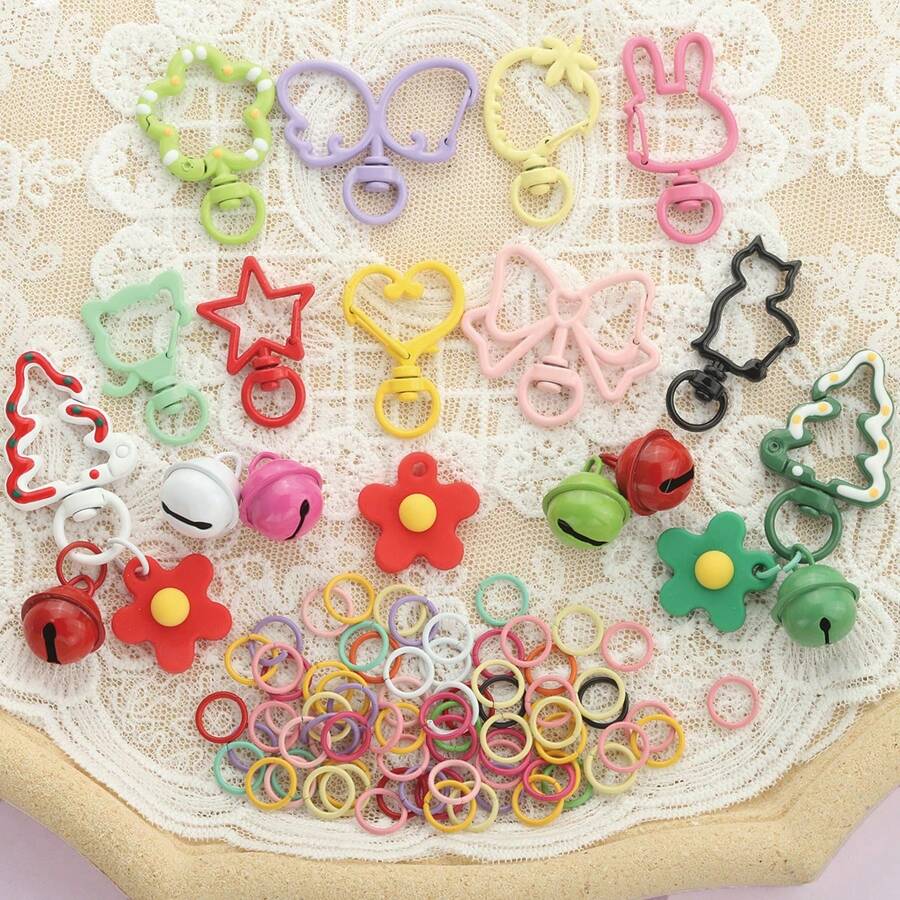 57pcs DIY Keychain Making Kit, Includes 1pc Keychain, 3pcs Flower Charms, 3pcs Bells And 50pcs Jump Rings, Suitable For Braided DIY Keychains, Bag Accessories, Floral Star Shaped Lobster Clasps, Animal Shaped Spring Clasps, Open Jump Rings, Pet Collar Connectors, Heart Key Rings, Hanging Luggage Tags, Climbing Outdoor Hook Accessories, Creative Holiday Gift DIY Keychain Accessories