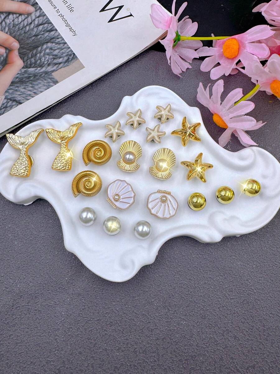 20 piezas Serie de Verano Encantos para Zapatos, Incluye Estrella de Mar 3D, Concha, Caracol, Decoraciones de Moda DIY para Zapatos de Jardín, Sandalias y Otros Zapatos, Regalo de Vacaciones - Dorado - Ver 1