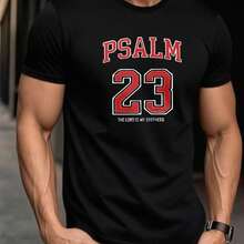 Men's Casual Black Cotton Round Neck Short Sleeve T-Shirt With 'Psalm 23' Religious Print, Regular Fit Top For Daily Wear - 黑色1 - 查看 7
