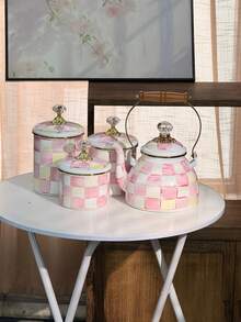 Gentle Creamy INS Style + Pink Yellow White Hand-Painted Checkerboard / Pure Pink Macaron Color Scheme + Round Teapot & Straight Storage Jar Set + Solid Wood Handle + Crystal Top Bead + Gold Rim + Even Heat Distribution, Airtight Moisture-Proof Easy To Clean + Enamel Coffee Pot Storage Jar Set + Home Coffee Brewing, Afternoon Tea Gathering, Kitchen Storage, Holiday Housewarming Gift - Multicolor - View 5