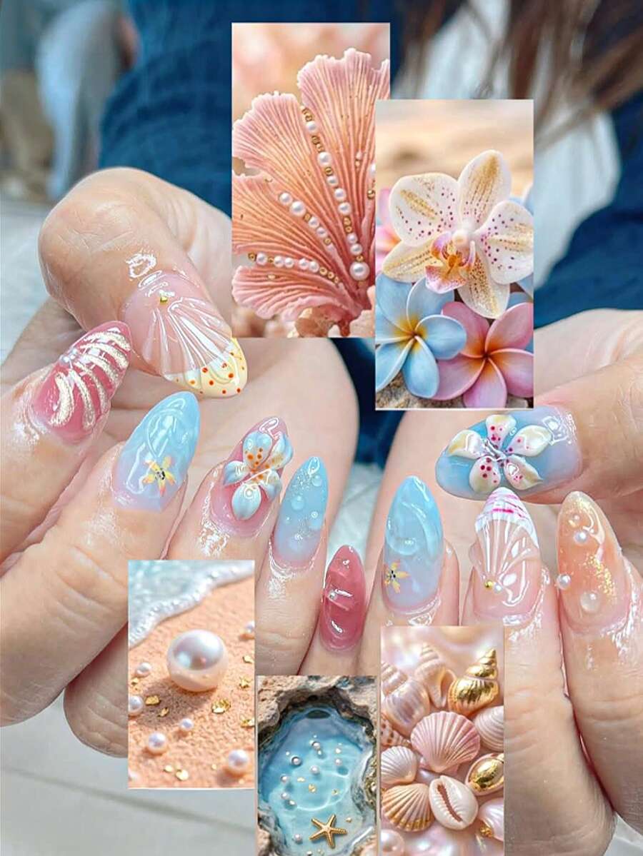 10片中號杏仁形3D凝膠美甲貼片,海灘風藍粉漸層貝殼花朵穿戴式假指甲,珍珠與金箔裝飾,甜美夏日度假風,可重複使用,適合約會、日常、派對與旅行,女性配件 - 彩色 - 查看 1