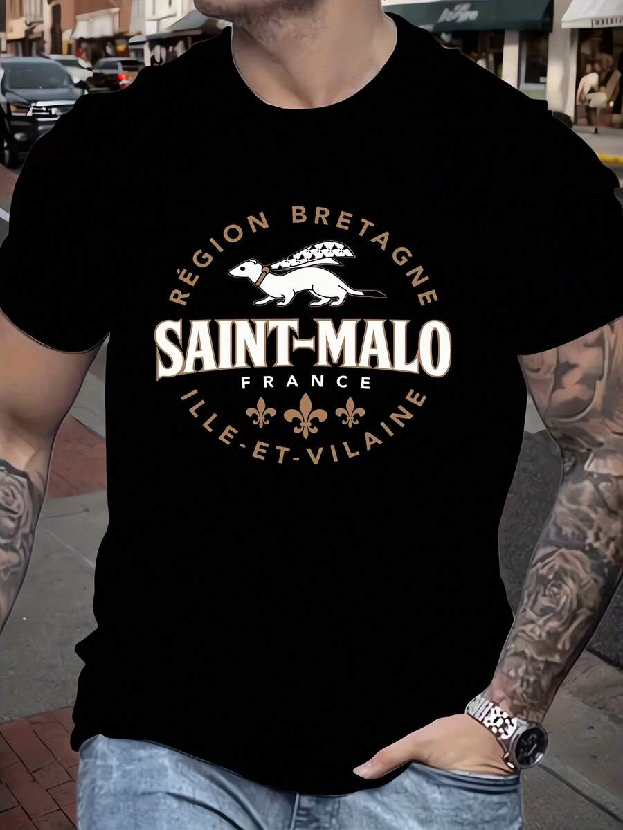 Camiseta para Hombre Saint-Malo con Diseño de Visón de la Bretaña - Con un diseño tradicional francés en negro y dorado con lirios y la cruz de la Bretaña, esta camiseta casual de corte regu - Negro - Ver 1
