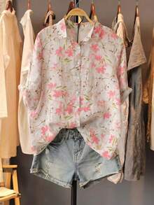 de mujer con estilo francés, con estampado floral amarillo, con cuello, manga 3/4, adecuada para el trabajo o las vacaciones, parte superior artística ajustada y transpirable para el verano - Rosa Pálido - Ver 1