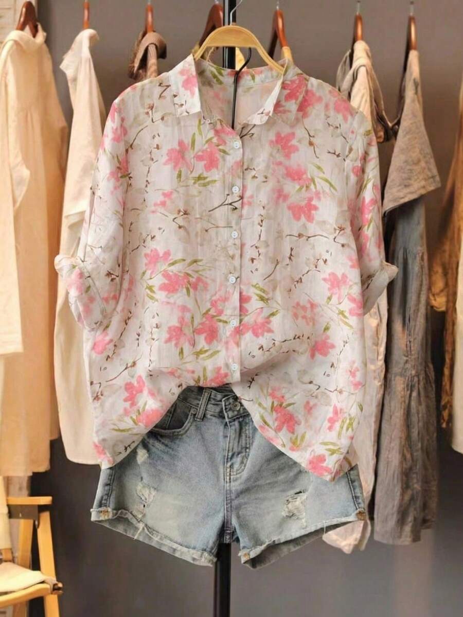 de mujer con estilo francés, con estampado floral amarillo, con cuello, manga 3/4, adecuada para el trabajo o las vacaciones, parte superior artística ajustada y transpirable para el verano - Rosa Pálido - Ver 1