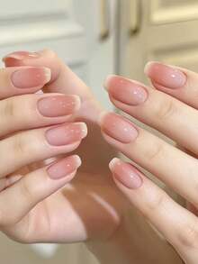 30pcs Nude Peach Gradient Press-On Nails, Clean Transparent Minimalist Versatile Daily Short Square Removable Nail Tips, Includes 1pc Jelly Glue And 1pc Nail File - 淺粉色 - 查看 1