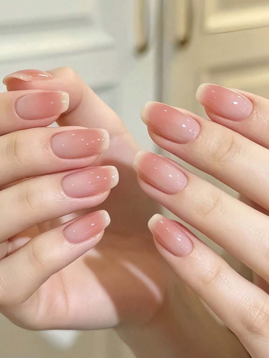 30pcs Nude Peach Gradient Press-On Nails, Clean Transparent Minimalist Versatile Daily Short Square Removable Nail Tips, Includes 1pc Jelly Glue And 1pc Nail File - 淺粉色 - 查看 1