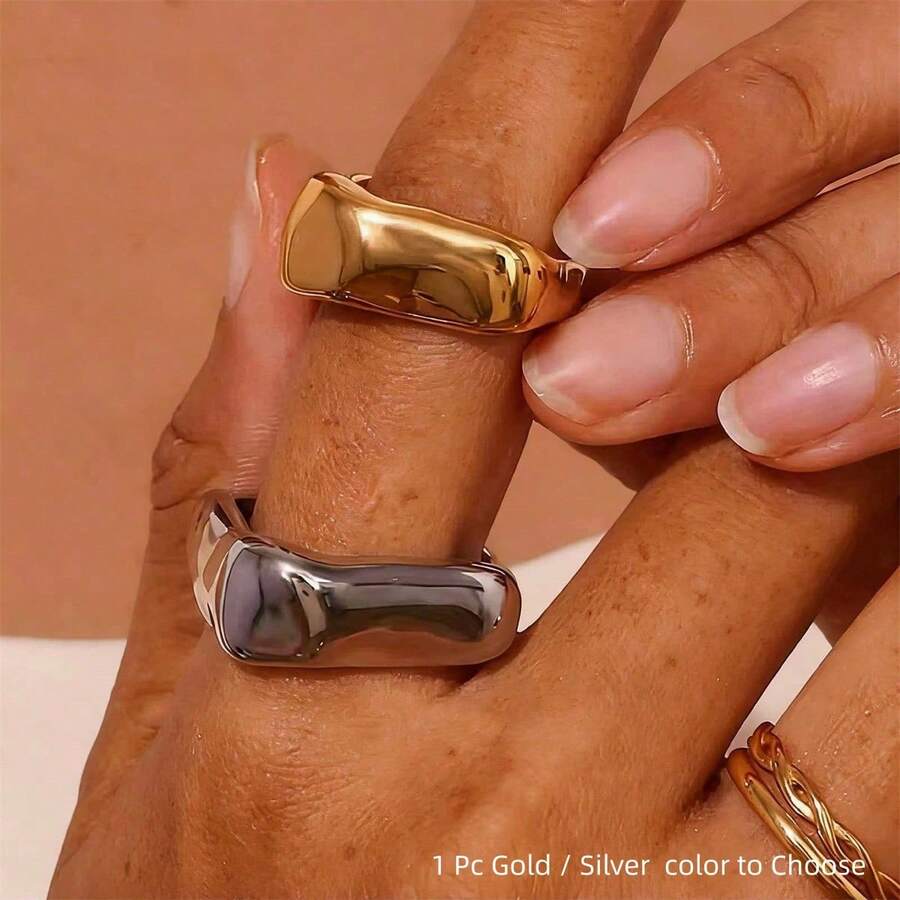 VKHK 1pc 18K Gold Plated Asymmetrical Stainless Steel Ring, Suitable For Women's Daily And Party Wear, Gift - Creative Rings - View 1