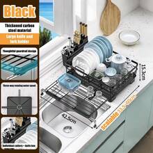 1pcs Expandable Dish Drying Rack Carbon Steel Dish Rack For Kitchen Counter, Space Saving Dish Drainer With Utensil Holder And Drainboard - Black - View 3