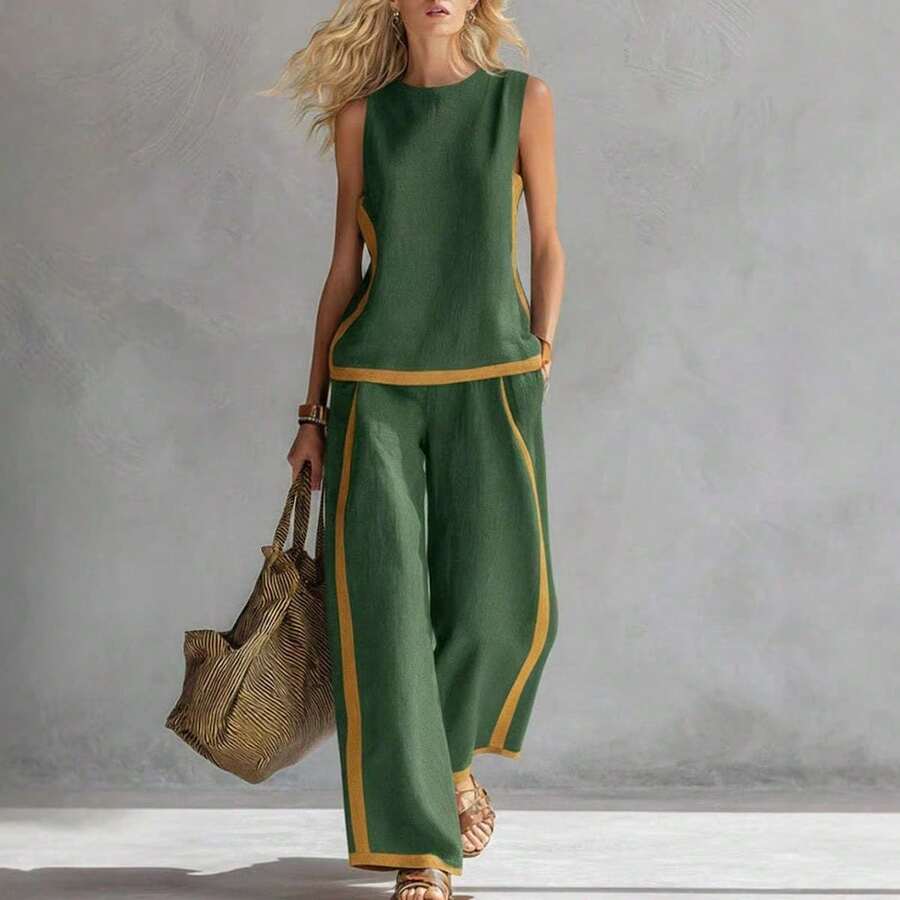 Light Blue Linen Sleeveless Top & Wide Leg Pants Set With Yellow Trim, Casual Summer Two-Piece FitBreathable - Green - View 1