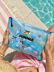 時尚防水PVC沙灘包，印有「Summer」貝殼圖案，A4尺寸，透明化妝包，盥洗包，尼龍拉鍊，適合游泳、潛水、夏季度假，輕量，沙灘必備，旅行/返校必備，度假伴侶 - 彩色 - 查看 5