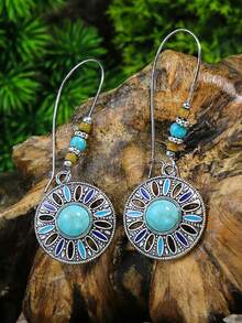 TopHanqi 12pairs Water Drop Earrings Retro Ethnic Style 12 Pairs Of Women's Earrings Multi-colored Set Round Drop-shaped Flower Set With Turquoise Set With Colored Rhinestone Pendant Combination Earrings - Multicolor - View 5
