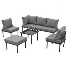 Juego de 6 tumbonas de jardín con estructura de hierro galvanizado, cuerda trenzada beige, patas ajustables y tablero de cristal liso. Incluye cojines para el asiento y el respaldo. - Gris - Ver 10